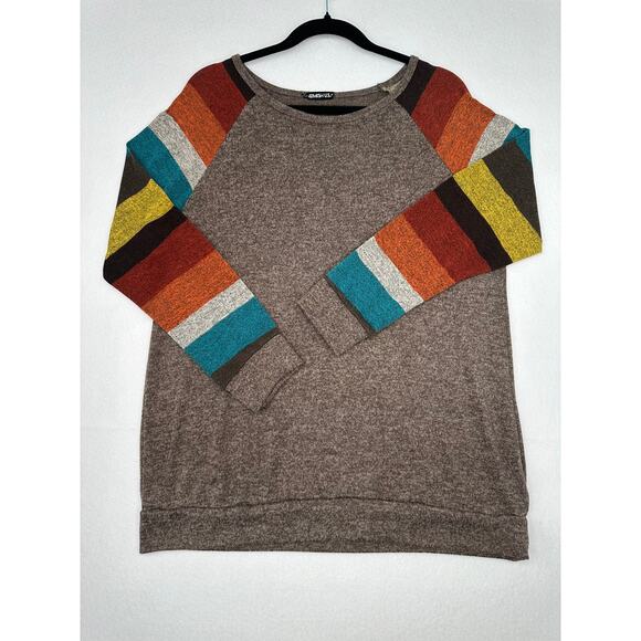 Heimish USA Striped Sleeve Henley Brown Lightweight Sweater Tunic Top M - Picture 3 of 9